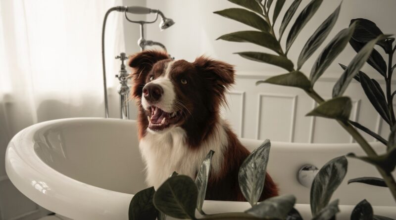 A Brown and White Long Coated Dog in a Bathtub